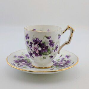 Ansley Fine Bone China Demitasse Cup & Saucer Set Violette Floral Design Gold Tr